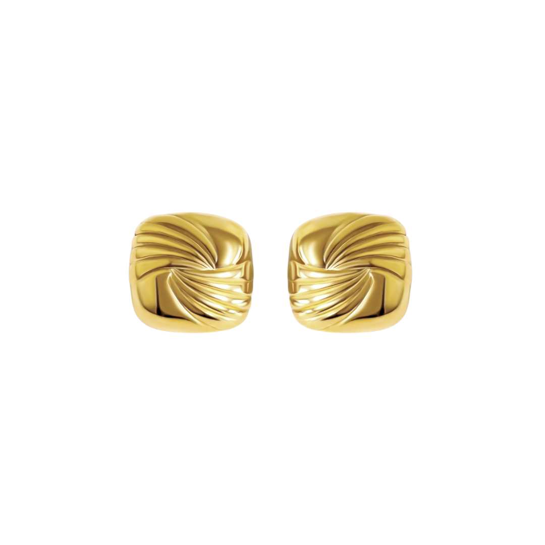 A pair of vintage-inspired square statement earrings in gold color, with a ribbed texture on the earrings' surface.