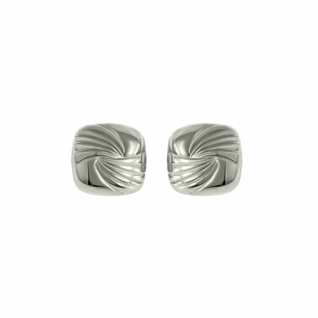 A pair of square vintage-inspired silver statement earrings on a white background.