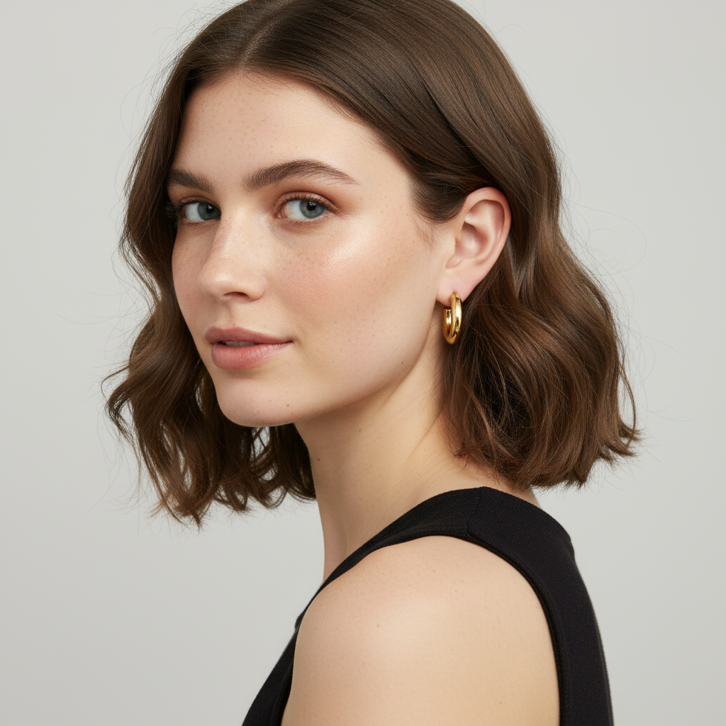 Woman wearing gold earrings with a neutral background