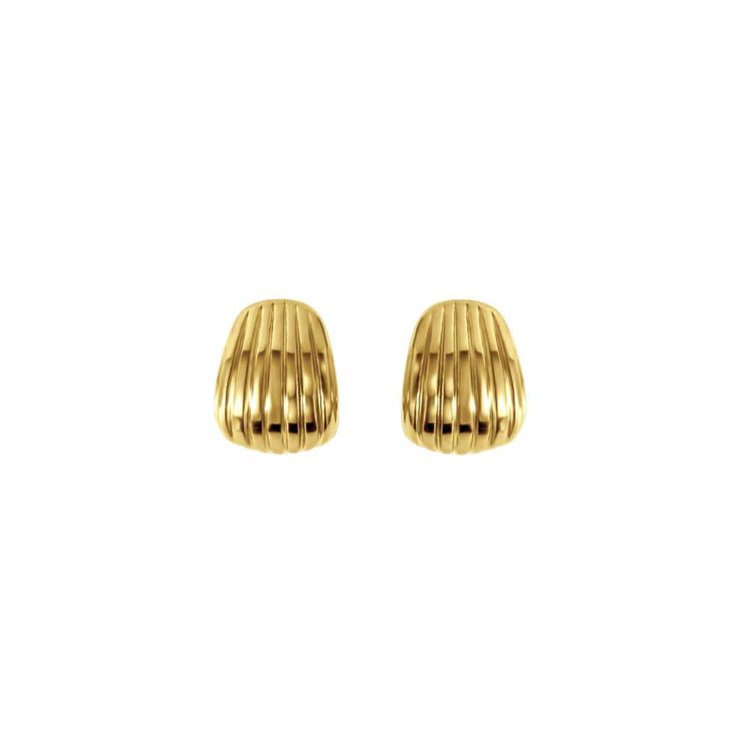 A pair of dainty ribbed gold stud earrings on a white background.
