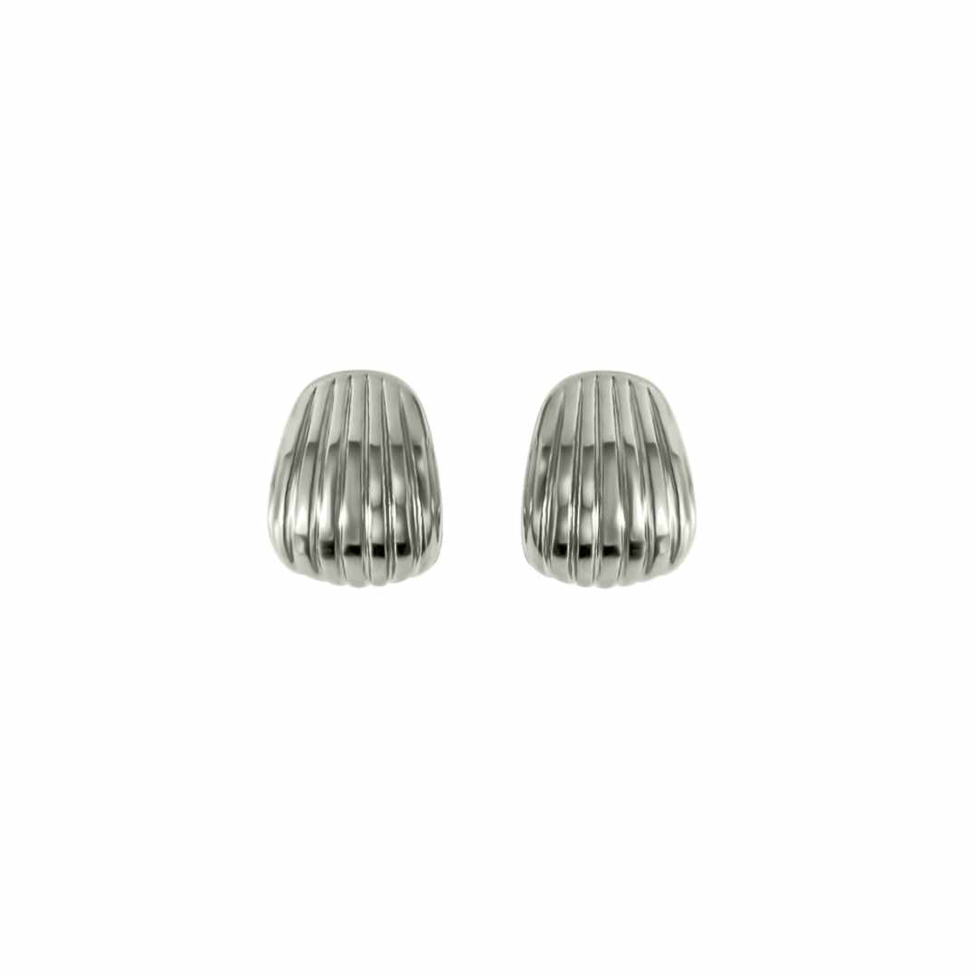 A pair of dainty ribbed stud earrings, with a silver finish on a white background.