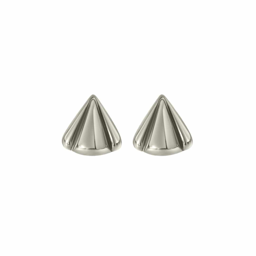 A pair of silver petal-shaped statement earrings on white background.
