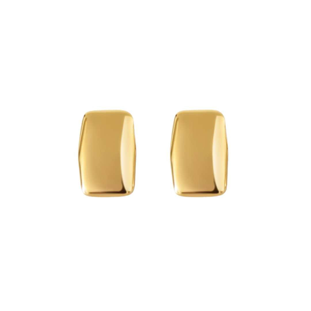A pair of gold rectangular statement earrings on a white background.