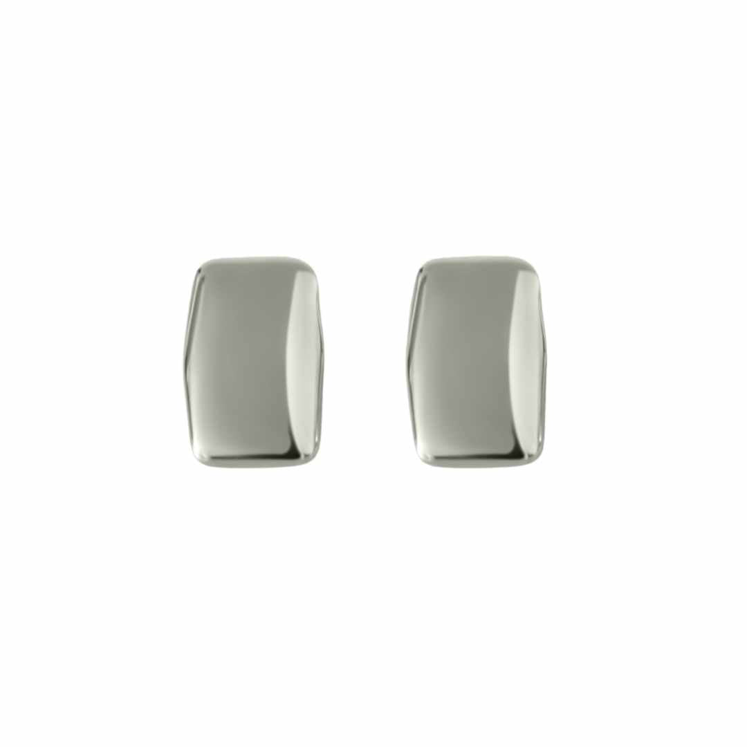 A pair of silver rectangular statement earrings on a white background.
