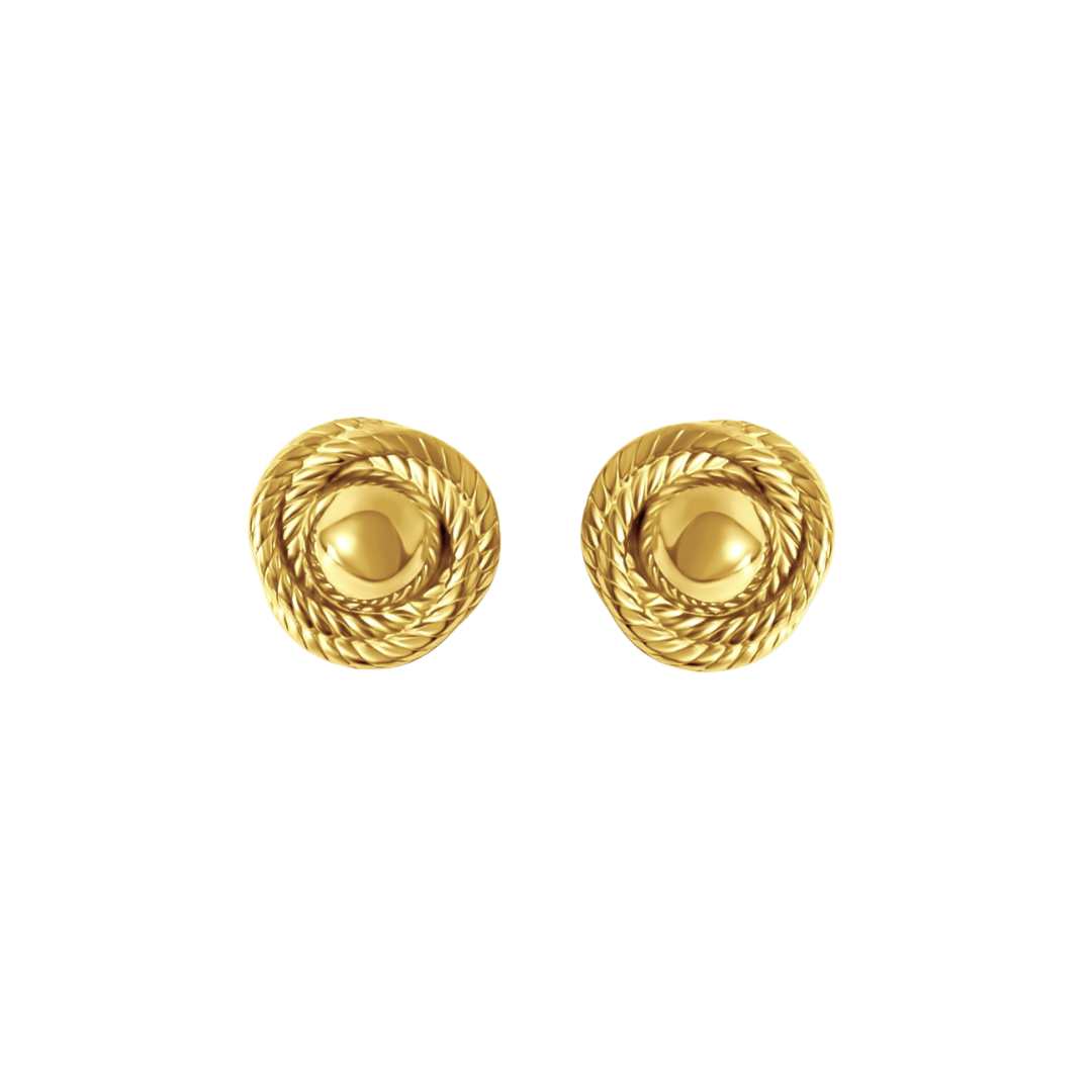 A pair of vintage-inspired round statement stud earrings with a textured knot design, in gold color.
