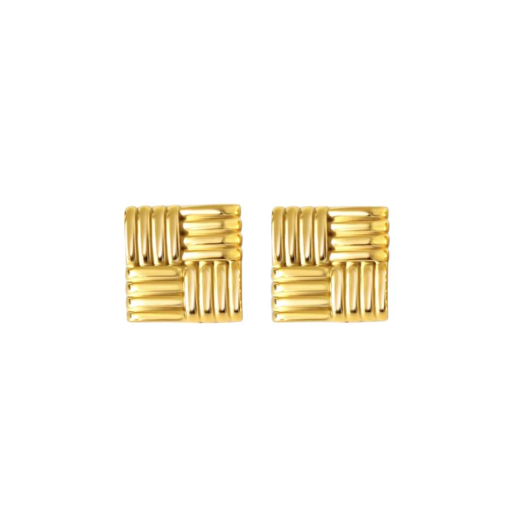 A pair of square gold statement earrings with woven texture on a white background.