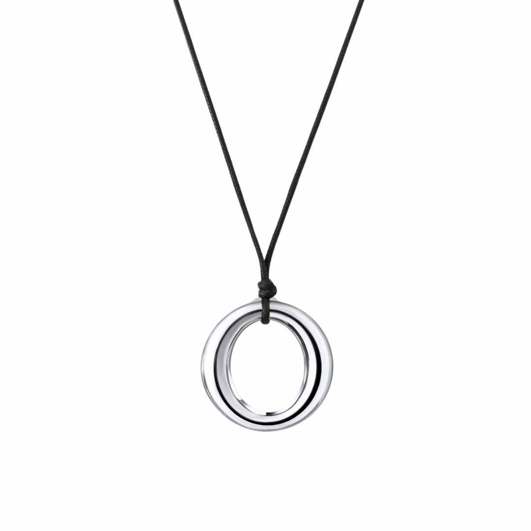 Silver pendant necklace against a white background.