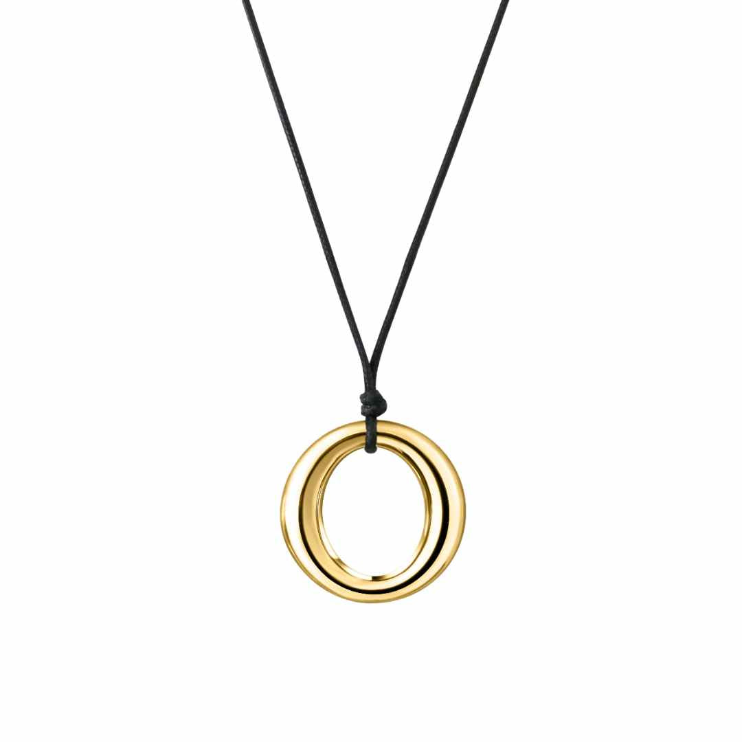 Gold pendant necklace on a white background.