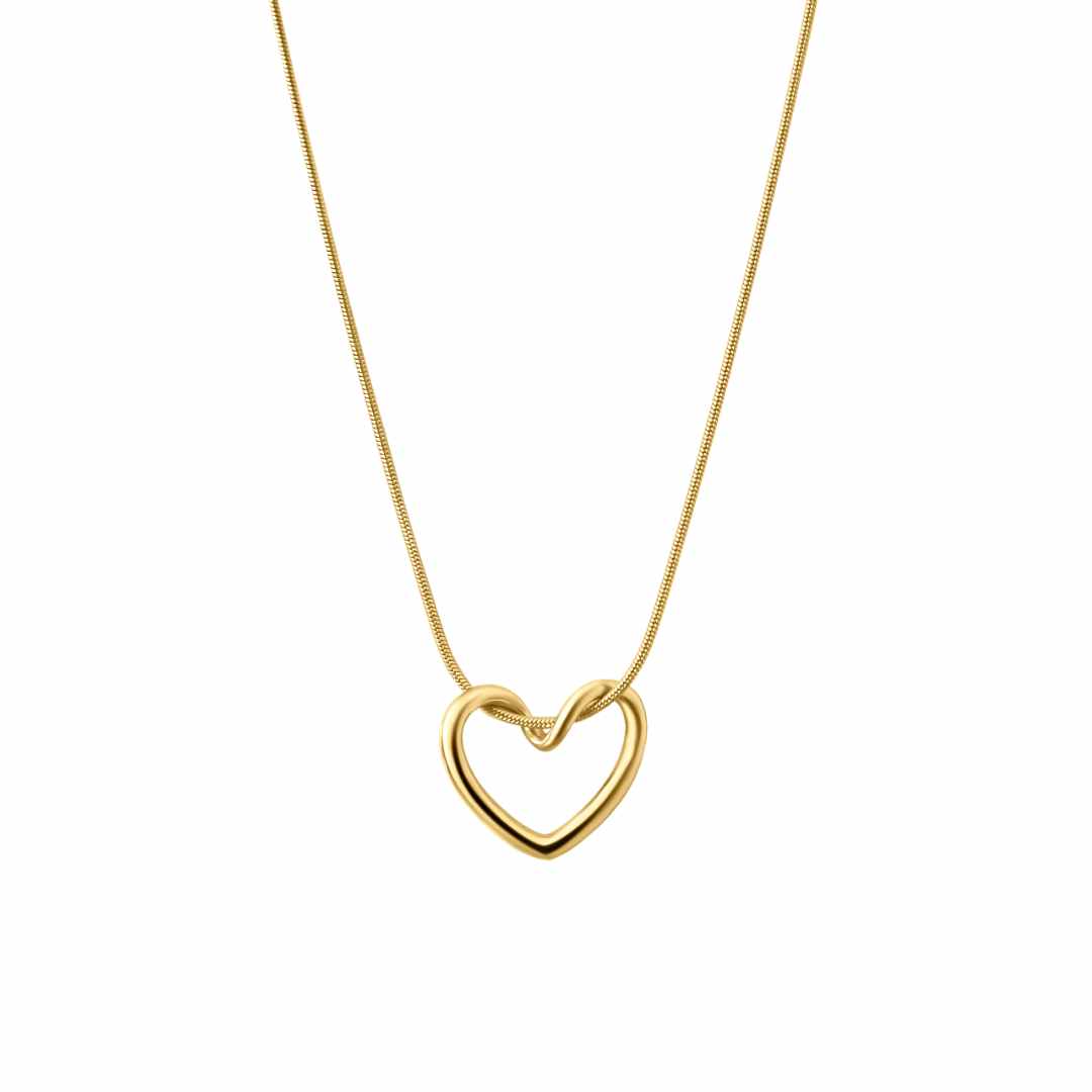 A gold-colored twisted heart pendant necklace with a dainty snake chain.