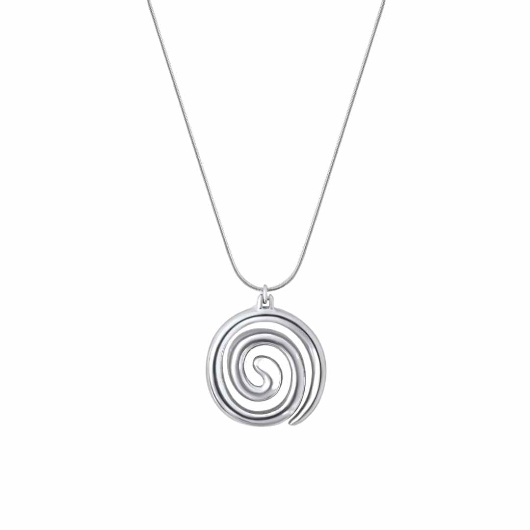 Silver spiral pendant necklace on a  white background.