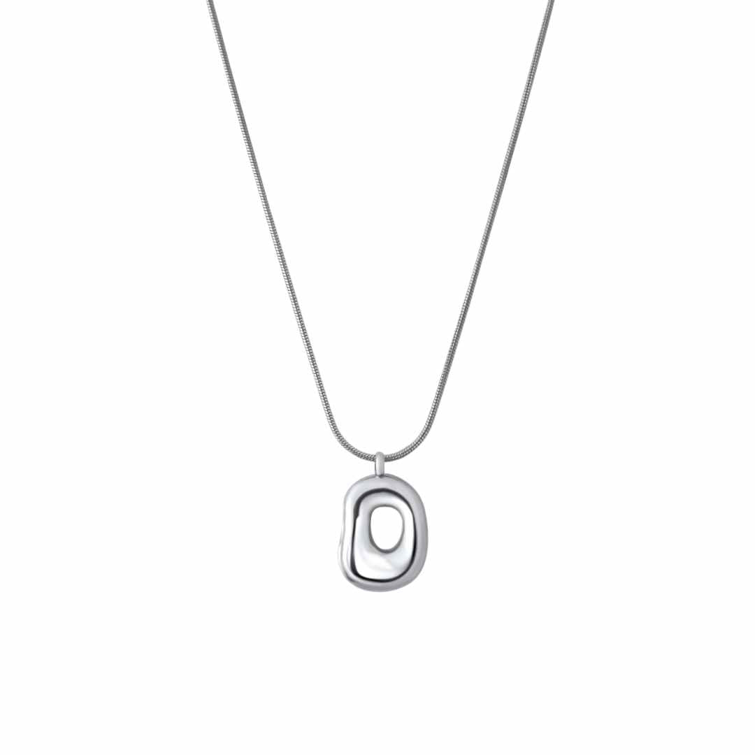 Silver pendant necklace against a white background.