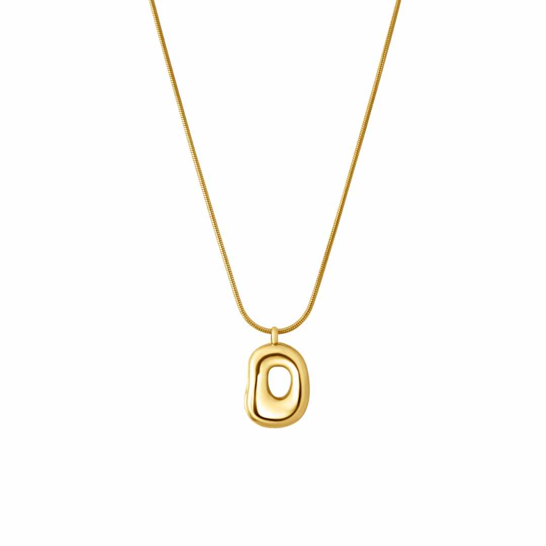 Gold pendant necklace against a white background.