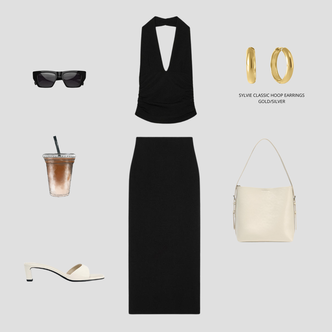 Black halter top, black pencil skirt, white sandals, iced coffee, sunglasses, beige handbag, and Sylvie Classic Hoop Earrings on a light gray background.