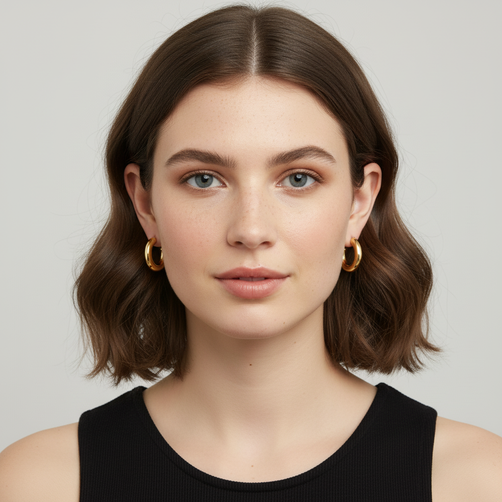 Woman wearing gold hoop earrings against a plain background