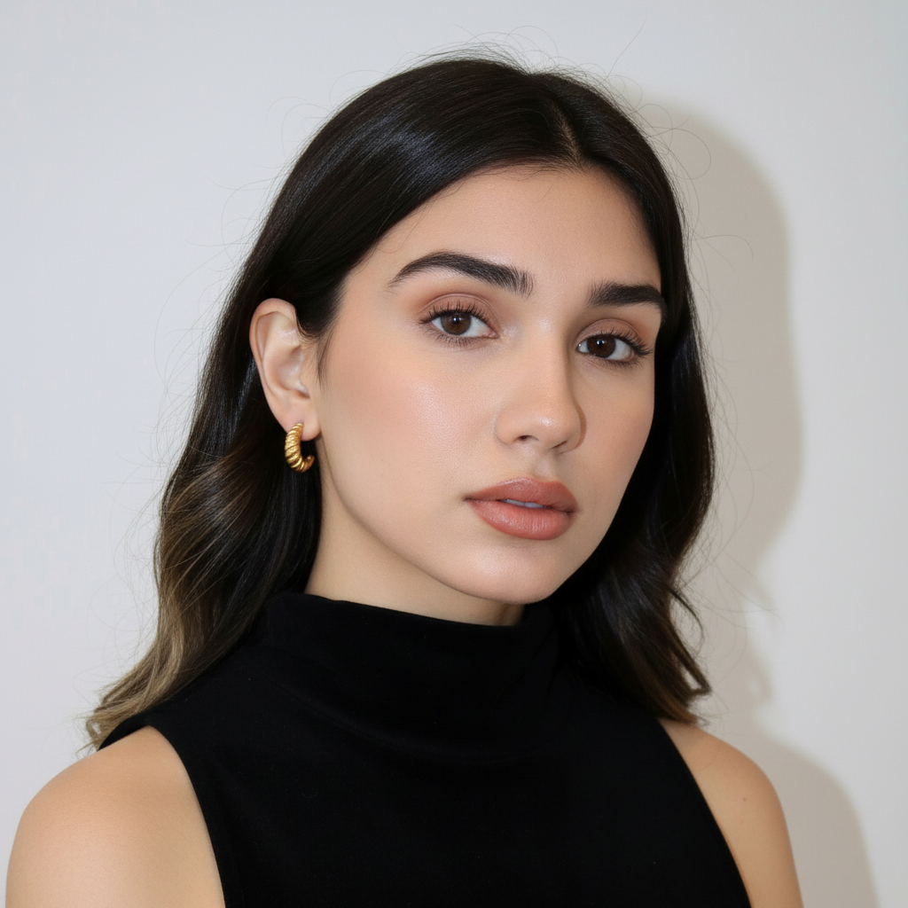 Woman wearing a black sleeveless top against a plain background