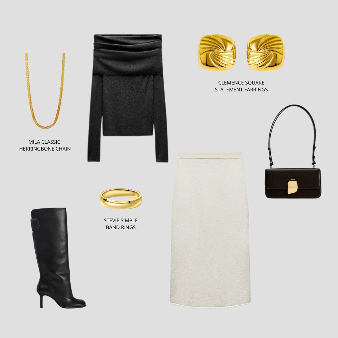 Clemence Square Statement Earring Gold Outfit